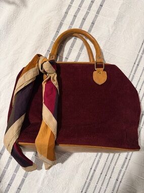 Corduroy Top-Handle Tote Bag in Burgundy with Tan Trim